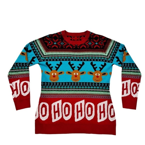Reindeer Ugly Christmas Sweater HO HO HO Mixed Pattern Red Blue Size M - Picture 16 of 17